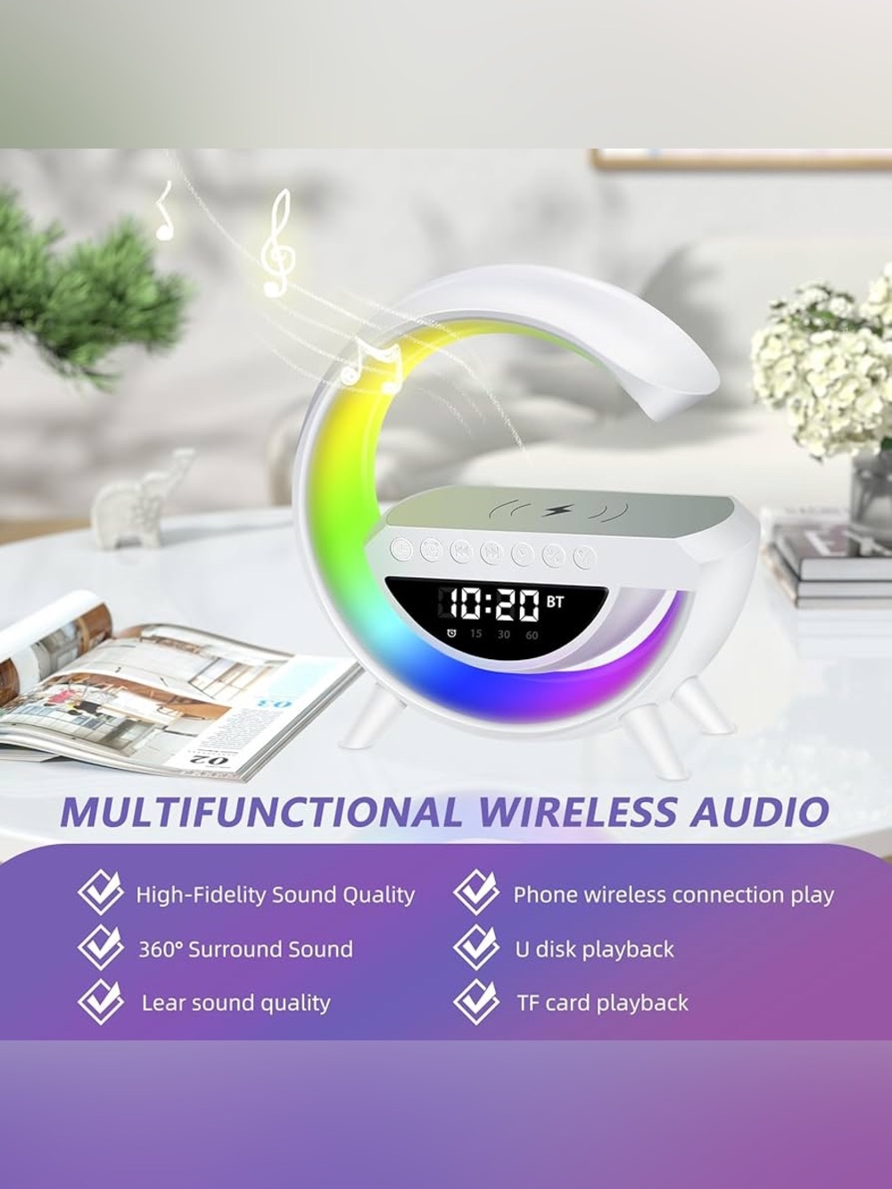Wireless Charging LED Alarm Clock with Bluetooth Speaker - White - Picture 4 of 16
